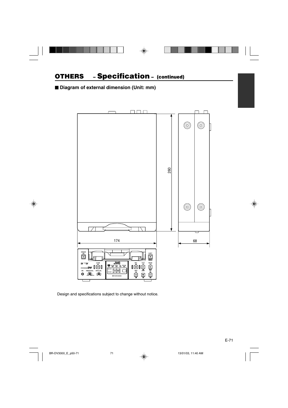 Specification, Others, Continued) | Diagram of external dimension (unit: mm), E-71 | JVC BR-DV3000E User Manual | Page 71 / 350