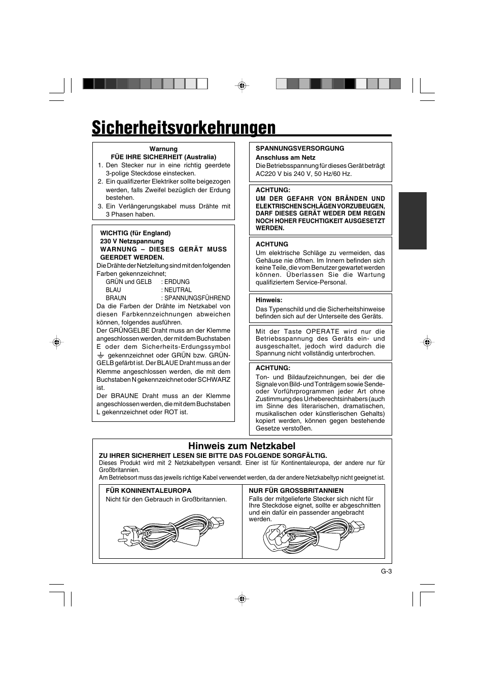Sicherheitsvorkehrungen, Hinweis zum netzkabel | JVC BR-DV3000E User Manual | Page 73 / 350