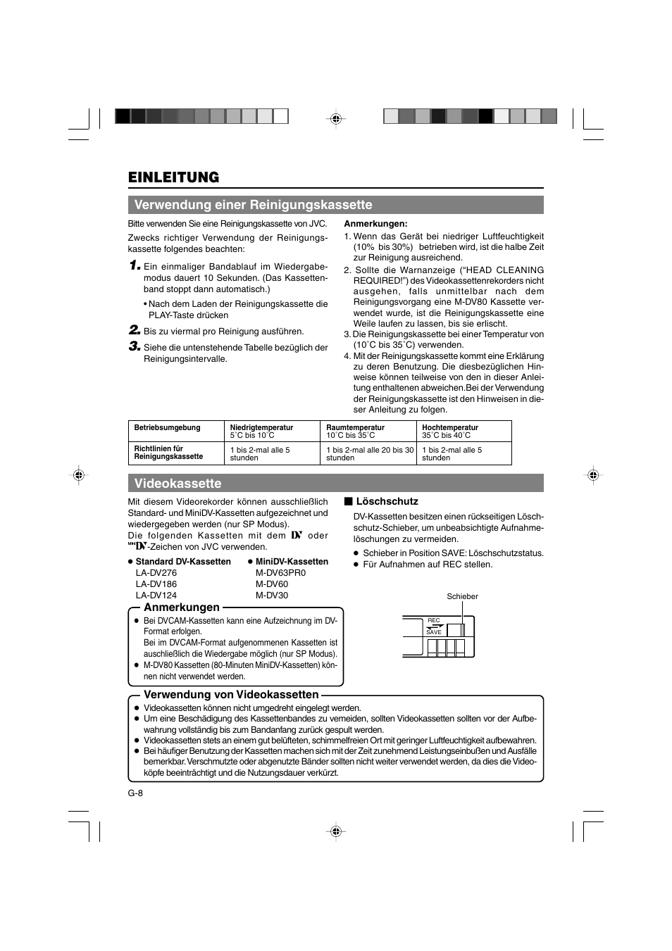 Einleitung, Verwendung einer reinigungskassette, Videokassette | JVC BR-DV3000E User Manual | Page 78 / 350