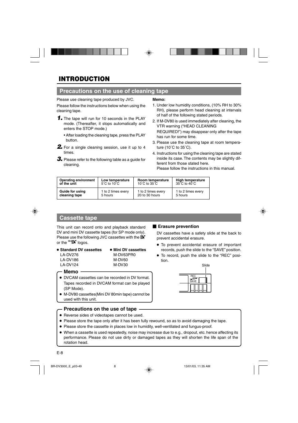 Introduction, Precautions on the use of cleaning tape, Cassette tape | Precautions on the use of tape | JVC BR-DV3000E User Manual | Page 8 / 350