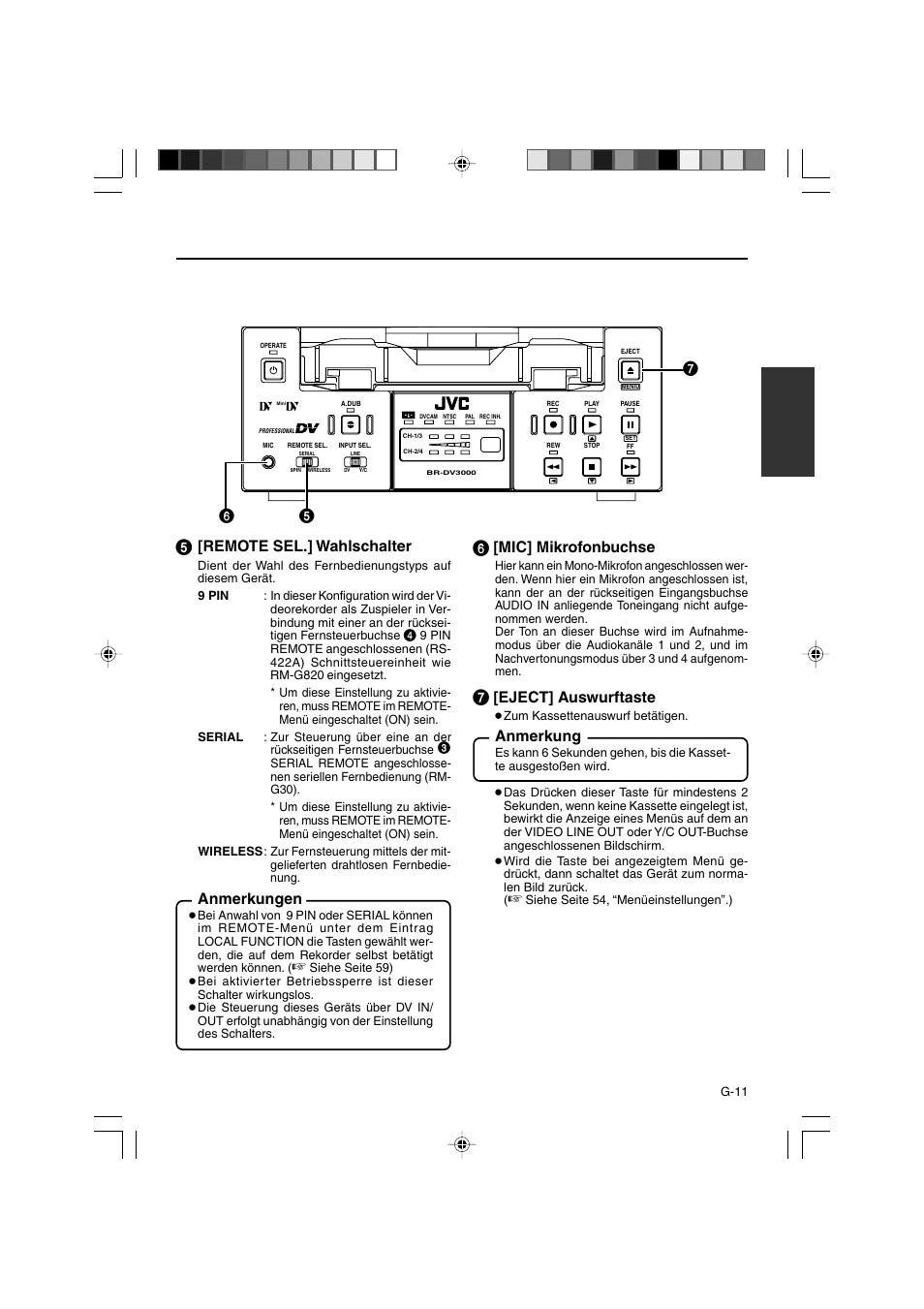 Remote sel.] wahlschalter, Anmerkungen, Mic] mikrofonbuchse | Eject] auswurftaste, Anmerkung | JVC BR-DV3000E User Manual | Page 81 / 350