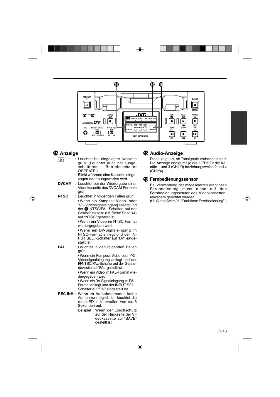 Anzeige, Audio-anzeige, Fernbedienungssensor | JVC BR-DV3000E User Manual | Page 83 / 350