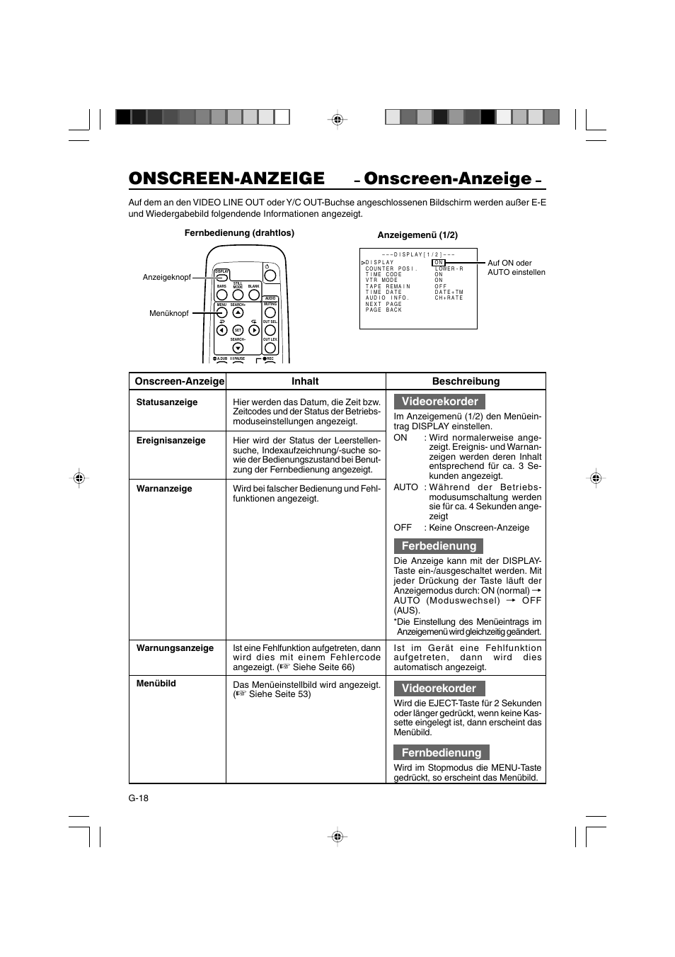 Onscreen-anzeige, Videorekorder, Ferbedienung | Fernbedienung, Onscreen-anzeige inhalt beschreibung | JVC BR-DV3000E User Manual | Page 88 / 350