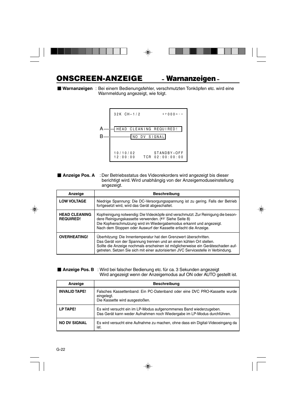 Onscreen-anzeige, Warnanzeigen | JVC BR-DV3000E User Manual | Page 92 / 350