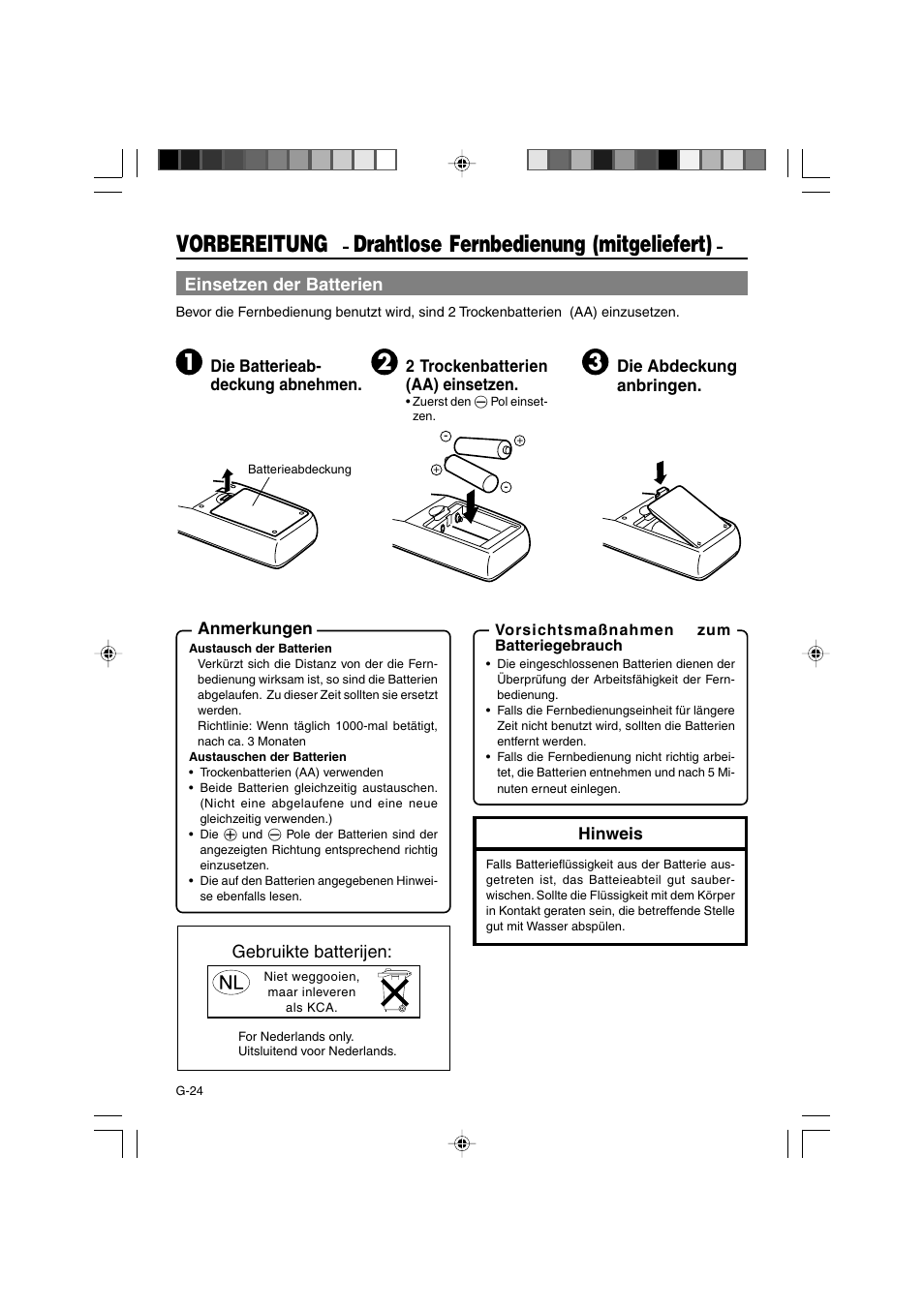 Vorbereitung, Drahtlose fernbedienung (mitgeliefert), Einsetzen der batterien | Gebruikte batterijen | JVC BR-DV3000E User Manual | Page 94 / 350