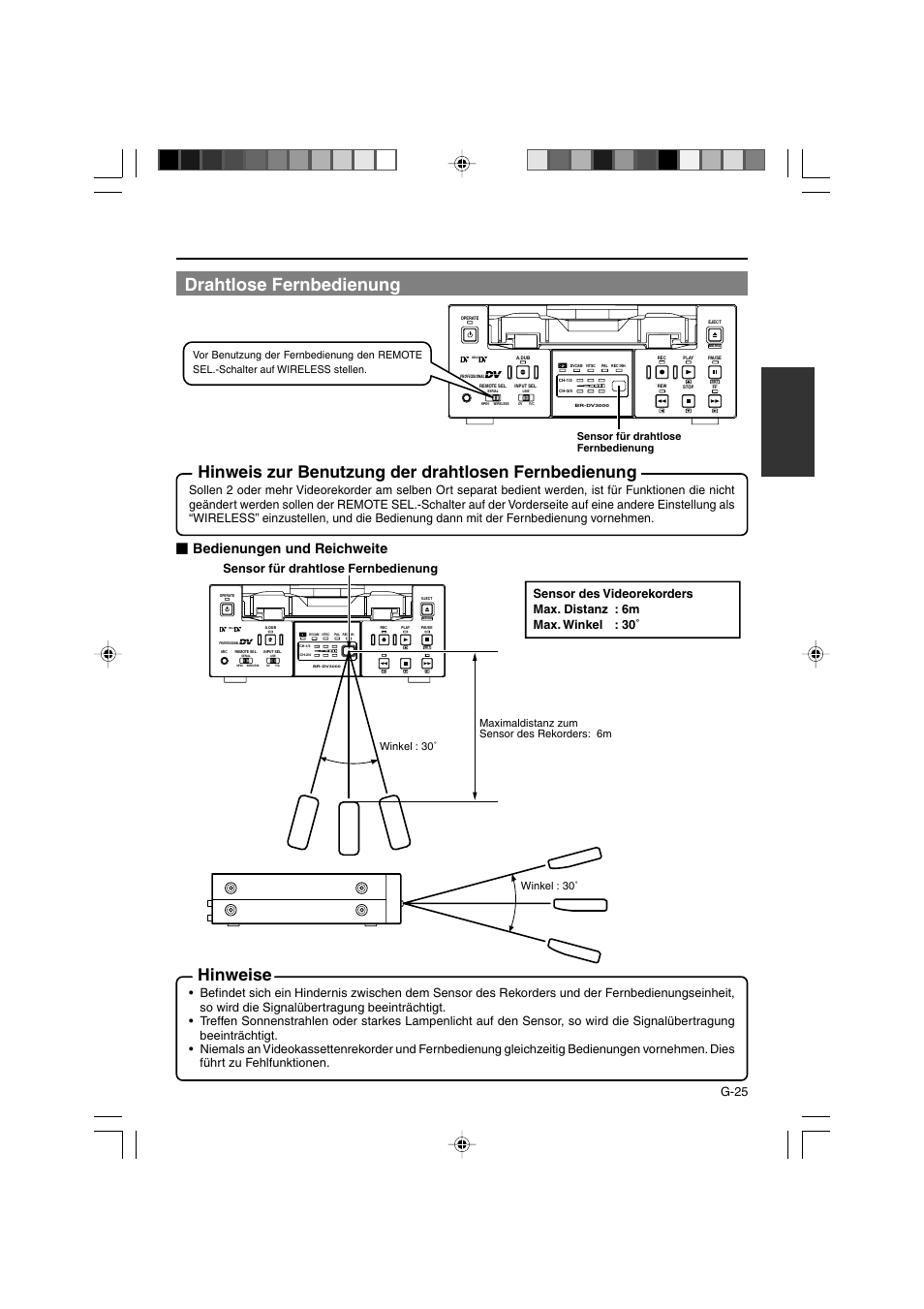 Drahtlose fernbedienung, Hinweise, Hinweis zur benutzung der drahtlosen fernbedienung | Bedienungen und reichweite, G-25, Sensor für drahtlose fernbedienung, Winkel : 30 | JVC BR-DV3000E User Manual | Page 95 / 350