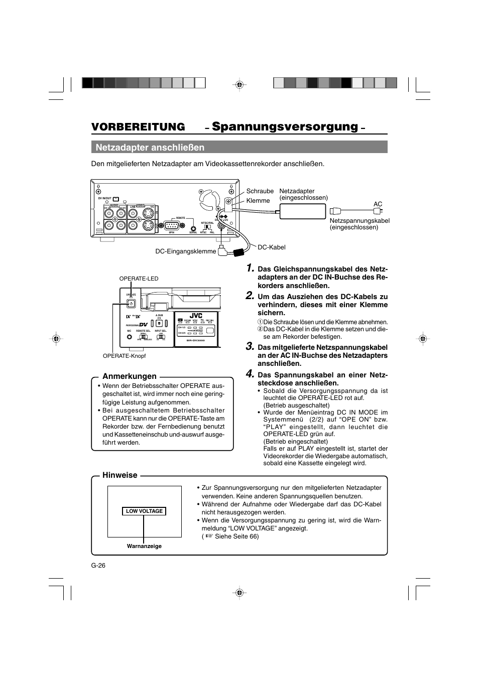 Spannungsversorgung, Vorbereitung, Netzadapter anschließen | Anmerkungen, Hinweise | JVC BR-DV3000E User Manual | Page 96 / 350