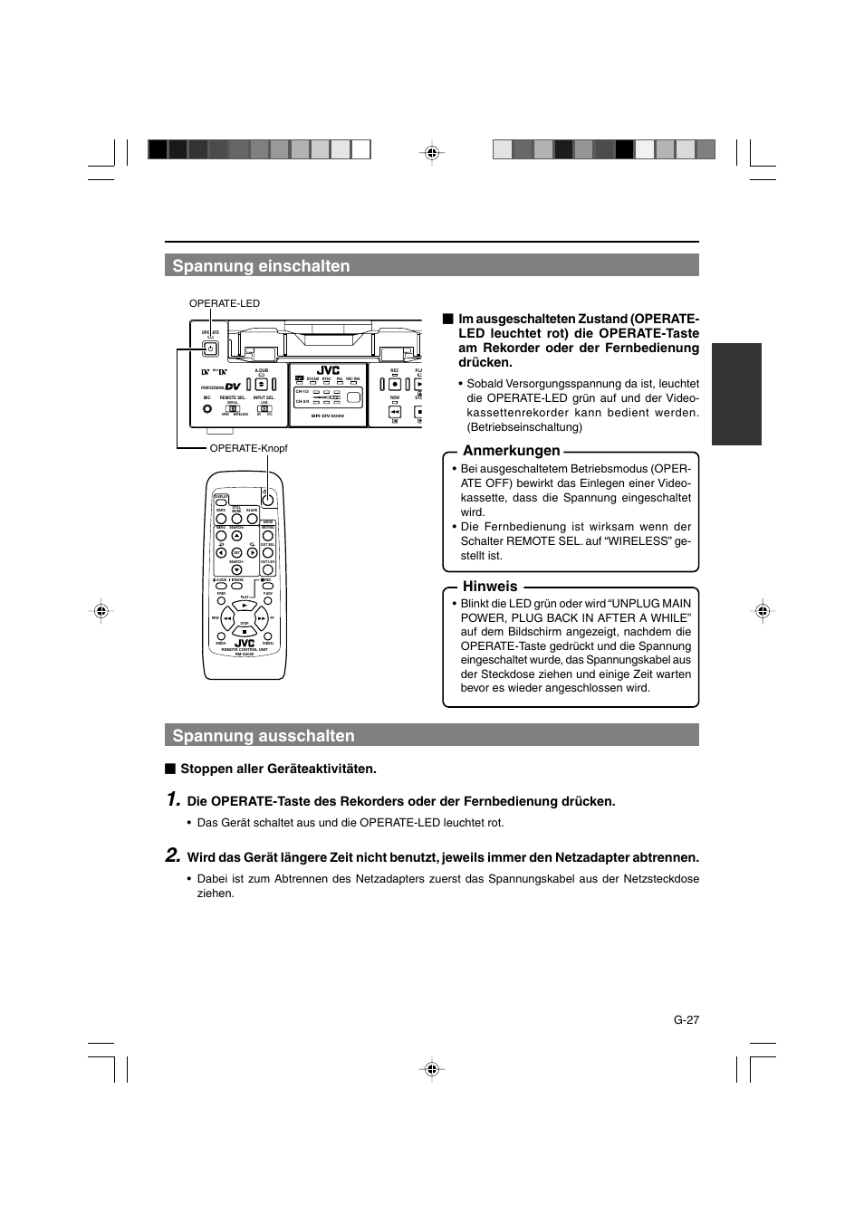 Spannung einschalten, Spannung ausschalten, Anmerkungen | Hinweis, Stoppen aller geräteaktivitäten, G-27, Operate-led operate-knopf | JVC BR-DV3000E User Manual | Page 97 / 350