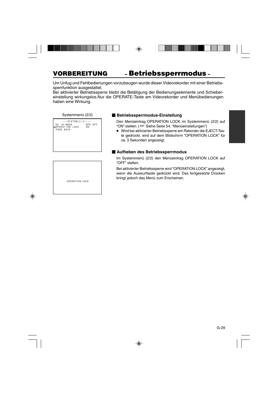 Betriebssperrmodus, Vorbereitung | JVC BR-DV3000E User Manual | Page 99 / 350