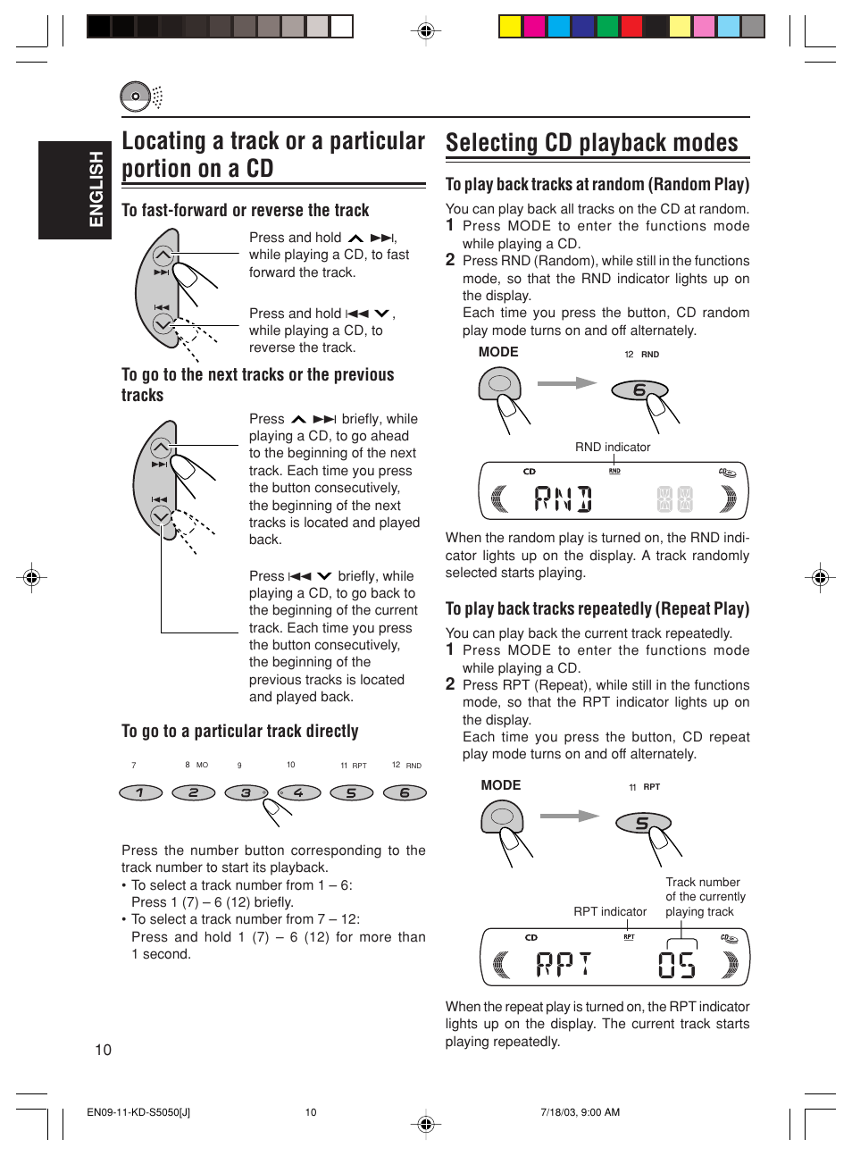 Locating a track or a particular portion on a cd, Selecting cd playback modes, English | JVC Model KD-S10J User Manual | Page 10 / 59