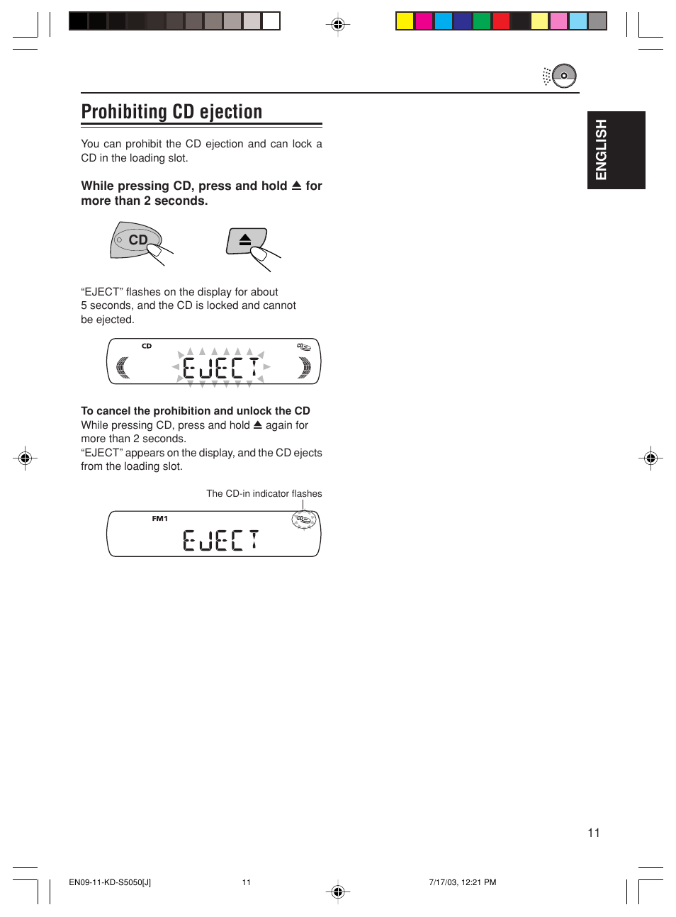 Prohibiting cd ejection, English | JVC Model KD-S10J User Manual | Page 11 / 59