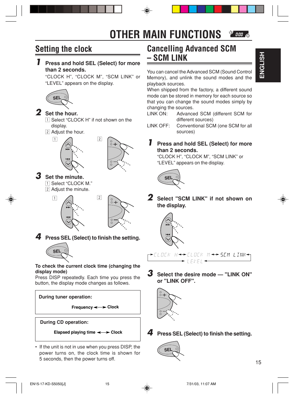 Other main functions, Setting the clock 1, Cancelling advanced scm – scm link | JVC Model KD-S10J User Manual | Page 15 / 59