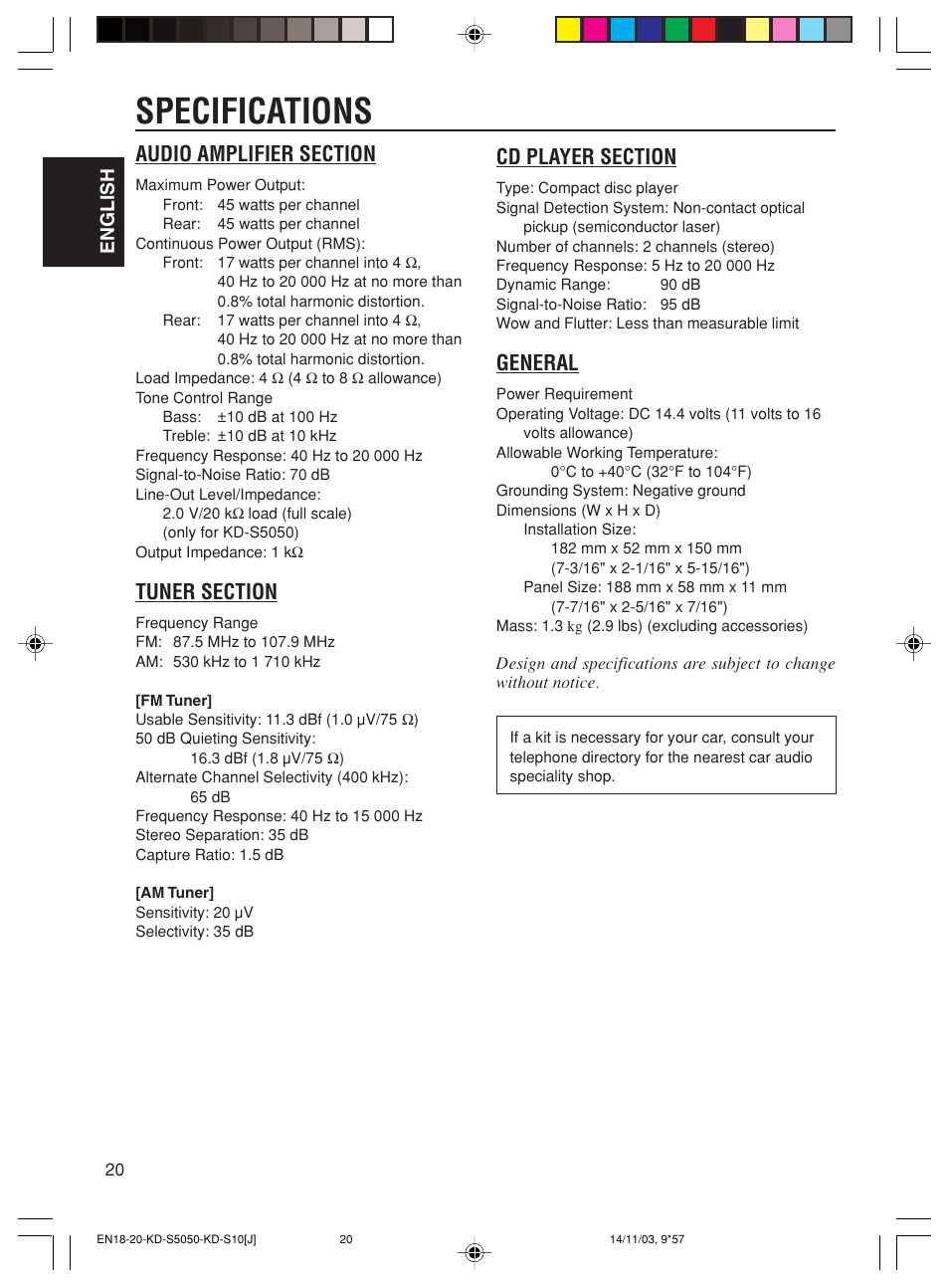 Specifications, General | JVC Model KD-S10J User Manual | Page 20 / 59