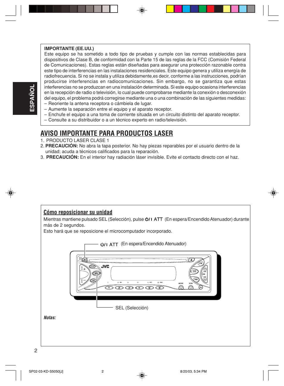 Aviso importante para productos laser, Esp añol, Cómo reposicionar su unidad | JVC Model KD-S10J User Manual | Page 21 / 59