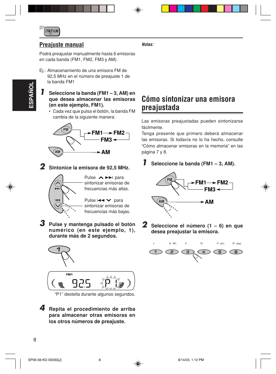 Cómo sintonizar una emisora preajustada, Preajuste manual, Esp a ñ ol | Fm1 fm2 fm3 am | JVC Model KD-S10J User Manual | Page 27 / 59