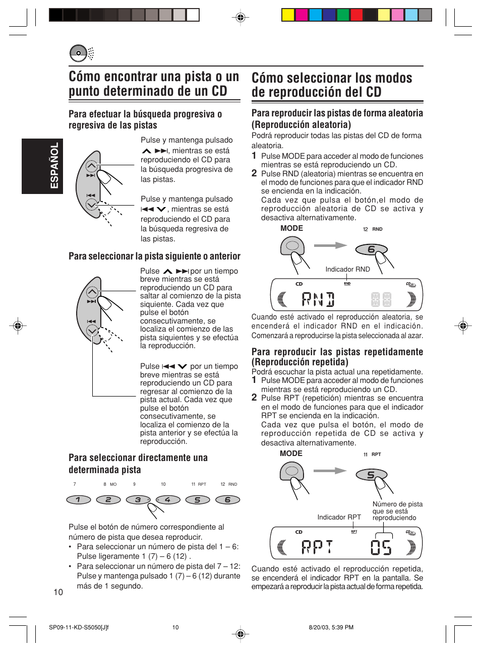 Cómo seleccionar los modos de reproducción del cd, Esp a ñ ol | JVC Model KD-S10J User Manual | Page 29 / 59