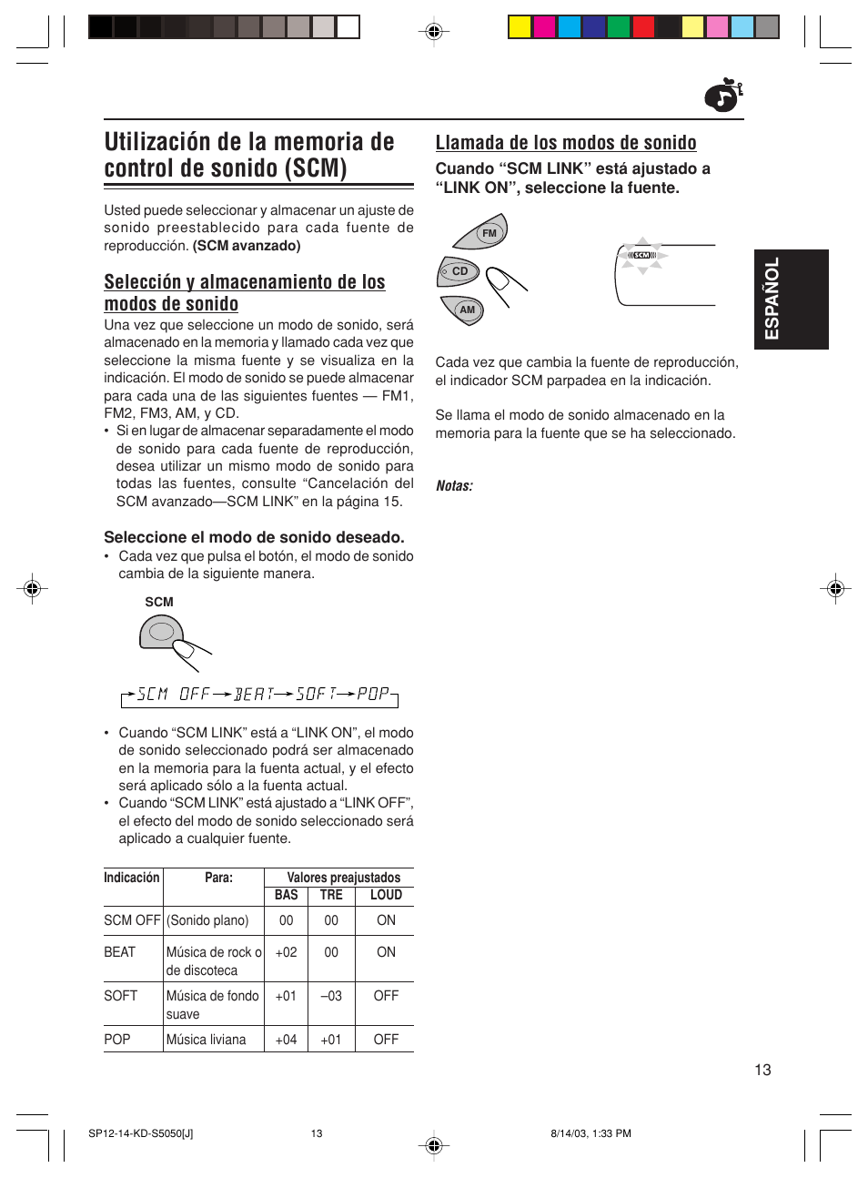 Llamada de los modos de sonido, Selección y almacenamiento de los modos de sonido, Esp añol | JVC Model KD-S10J User Manual | Page 32 / 59