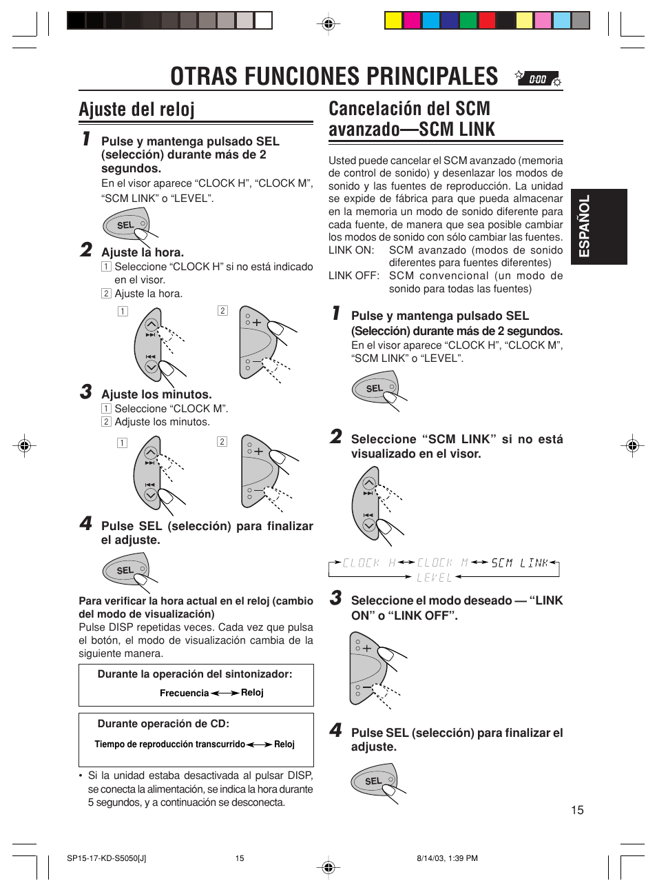 Otras funciones principales, Ajuste del reloj 1, Cancelación del scm avanzado—scm link | JVC Model KD-S10J User Manual | Page 34 / 59