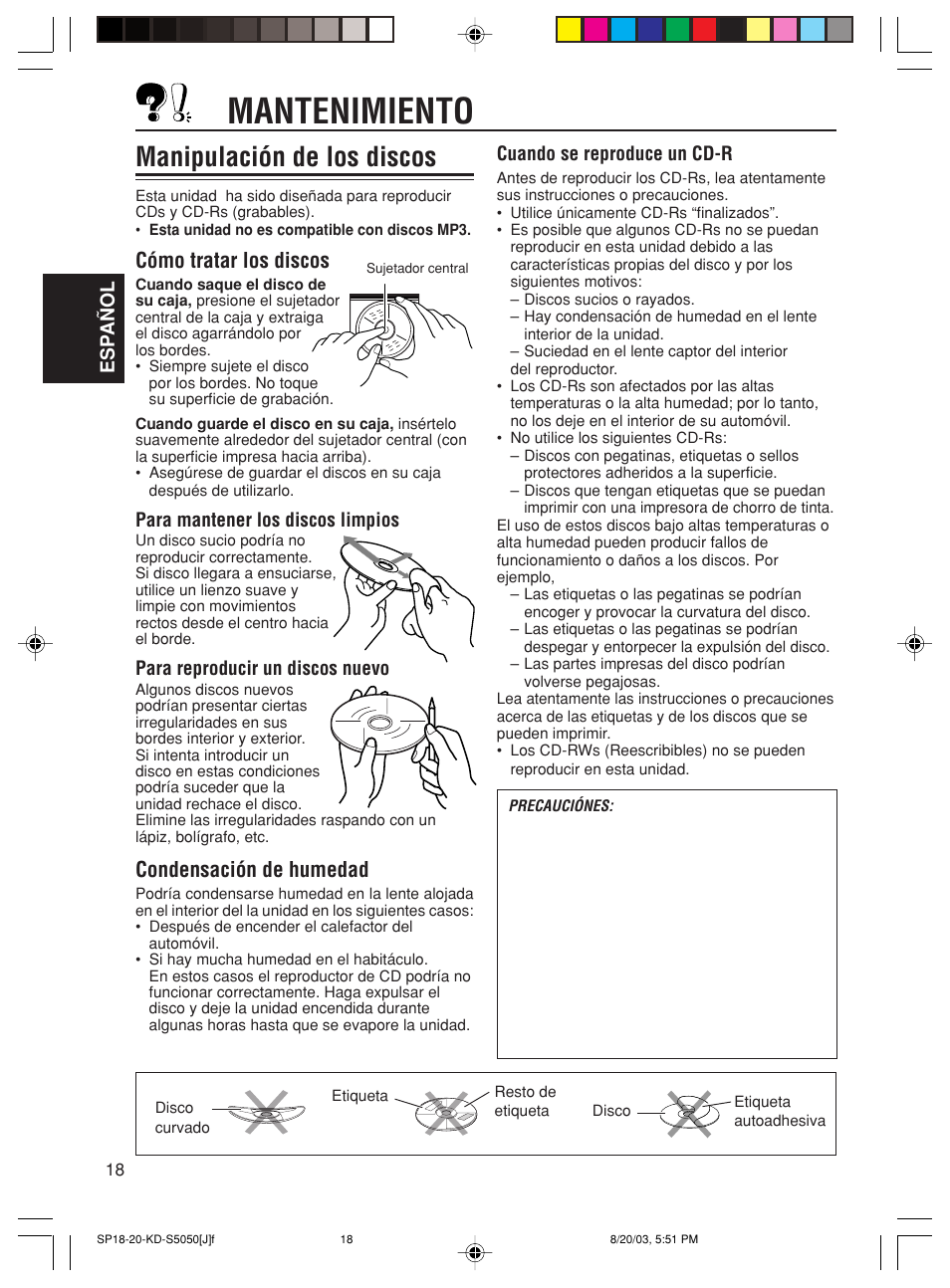 Mantenimiento, Manipulación de los discos, Cómo tratar los discos | Condensación de humedad | JVC Model KD-S10J User Manual | Page 37 / 59