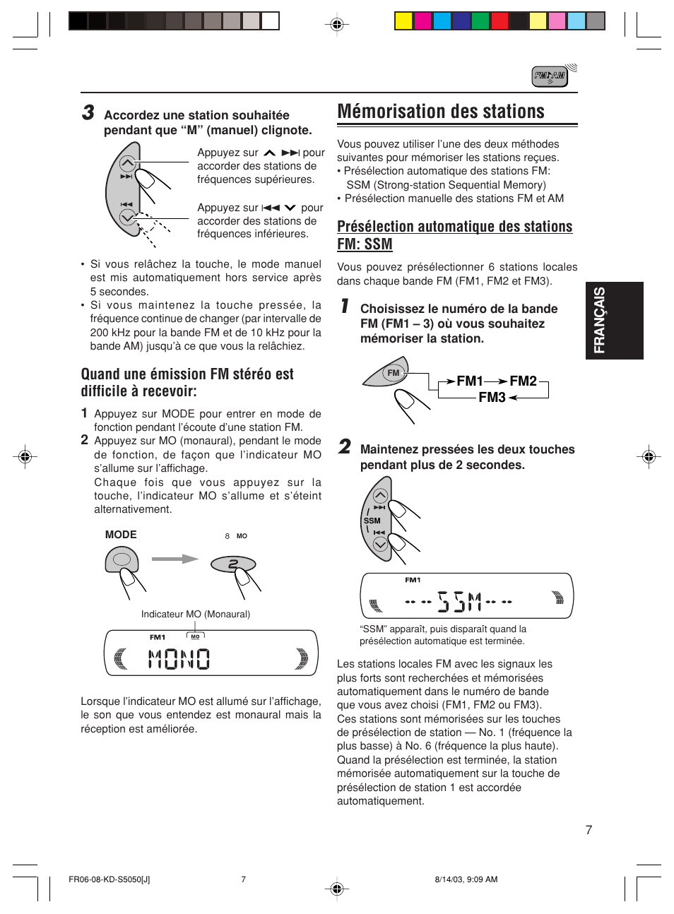 Mémorisation des stations, Présélection automatique des stations fm: ssm | JVC Model KD-S10J User Manual | Page 45 / 59