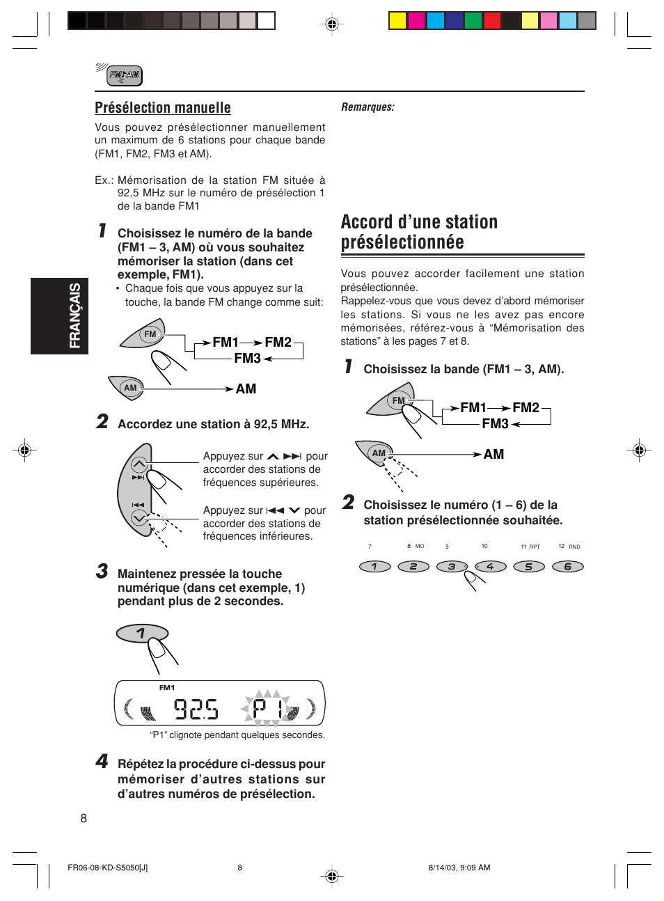 Accord d’une station présélectionnée, Présélection manuelle, Fran ç ais | Fm1 fm2 fm3 am | JVC Model KD-S10J User Manual | Page 46 / 59