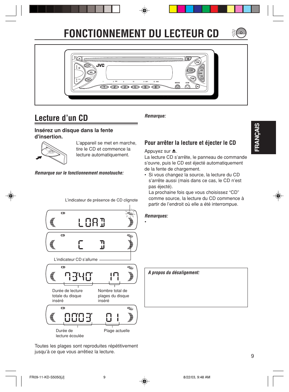 Fonctionnement du lecteur cd, Lecture d’un cd, Français | Pour arrêter la lecture et éjecter le cd, Insérez un disque dans la fente d'insertion | JVC Model KD-S10J User Manual | Page 47 / 59