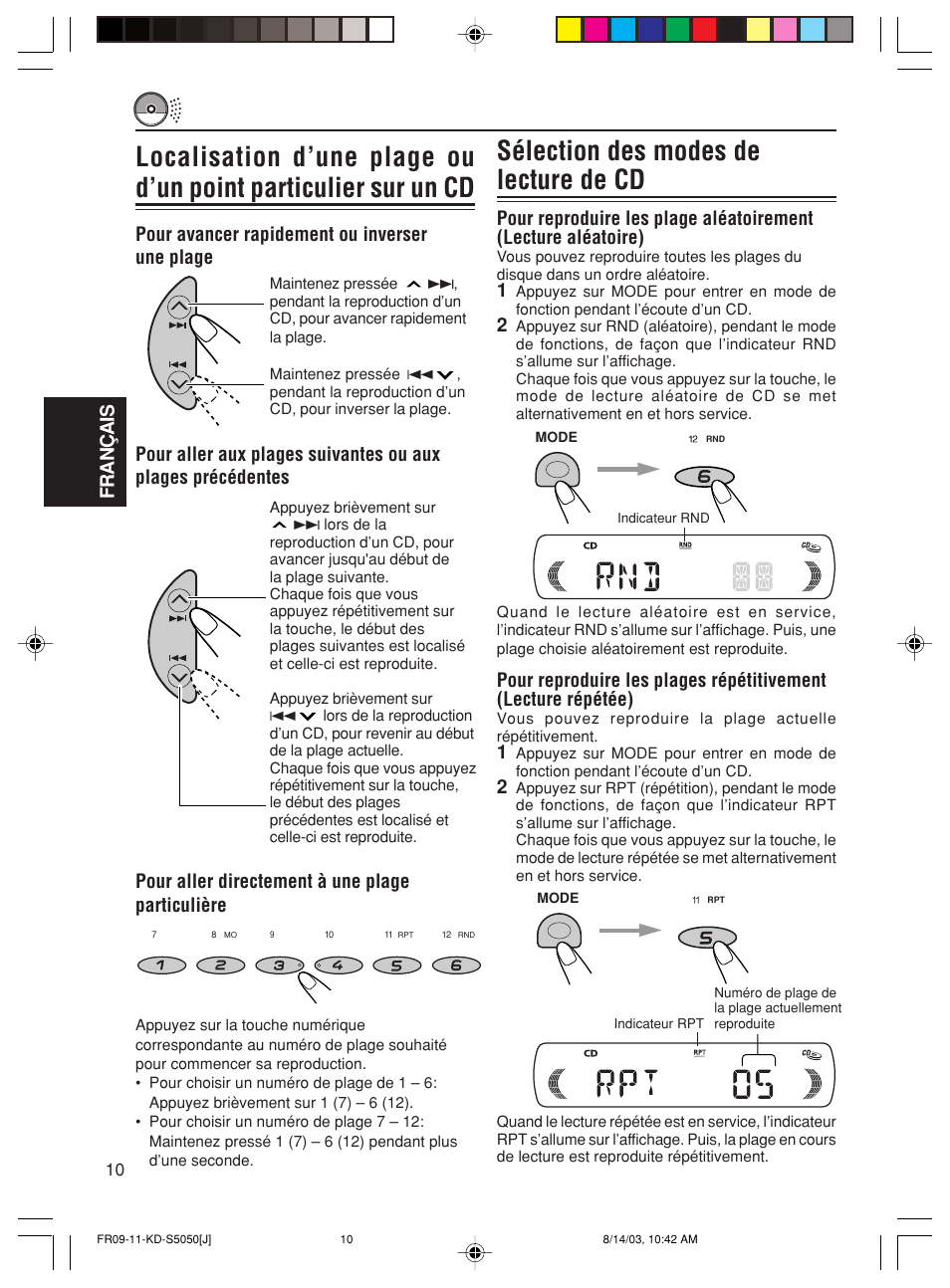 Sélection des modes de lecture de cd, Fran ç ais | JVC Model KD-S10J User Manual | Page 48 / 59