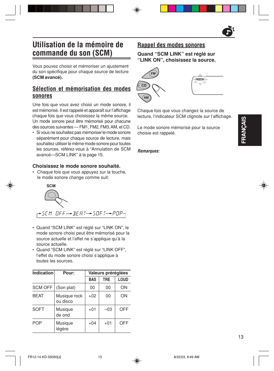 Utilisation de la mémoire de commande du son (scm), Rappel des modes sonores, Sélection et mémorisation des modes sonores | Français | JVC Model KD-S10J User Manual | Page 51 / 59