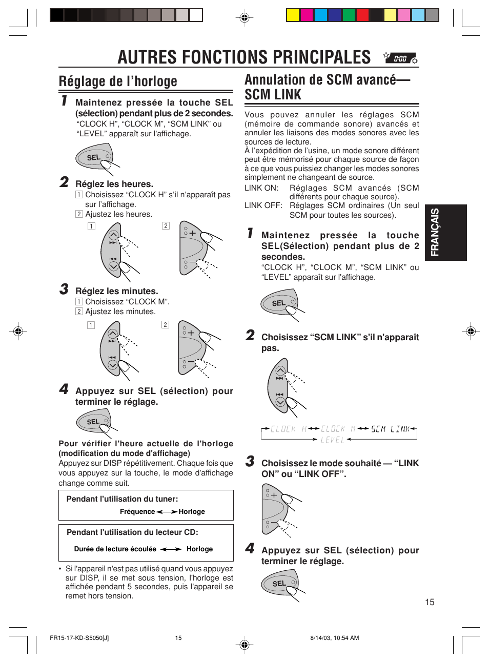 Autres fonctions principales, Réglage de l’horloge 1, Annulation de scm avancé— scm link | JVC Model KD-S10J User Manual | Page 53 / 59