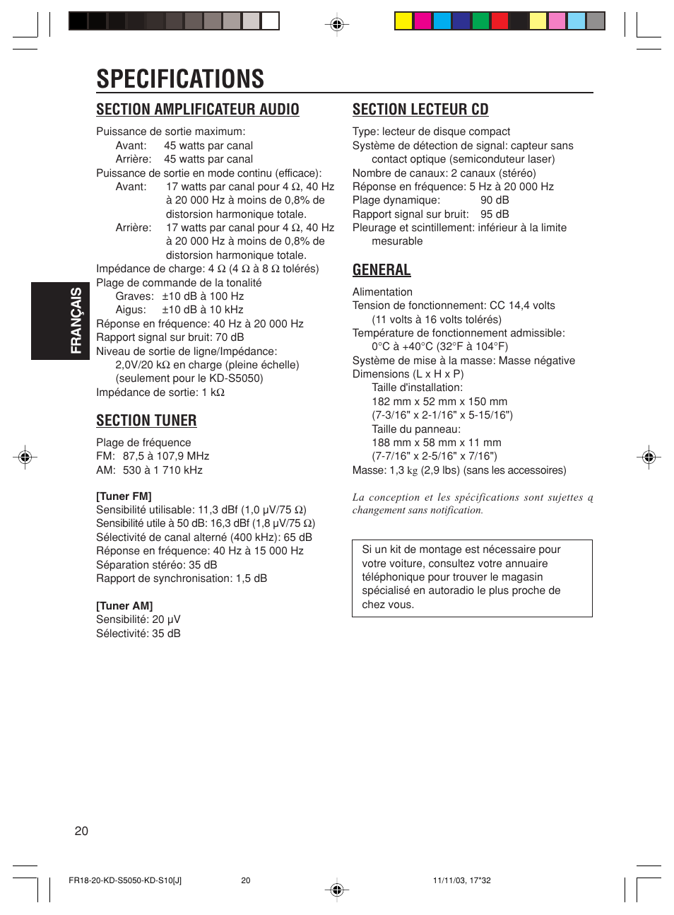 Specifications, General | JVC Model KD-S10J User Manual | Page 58 / 59