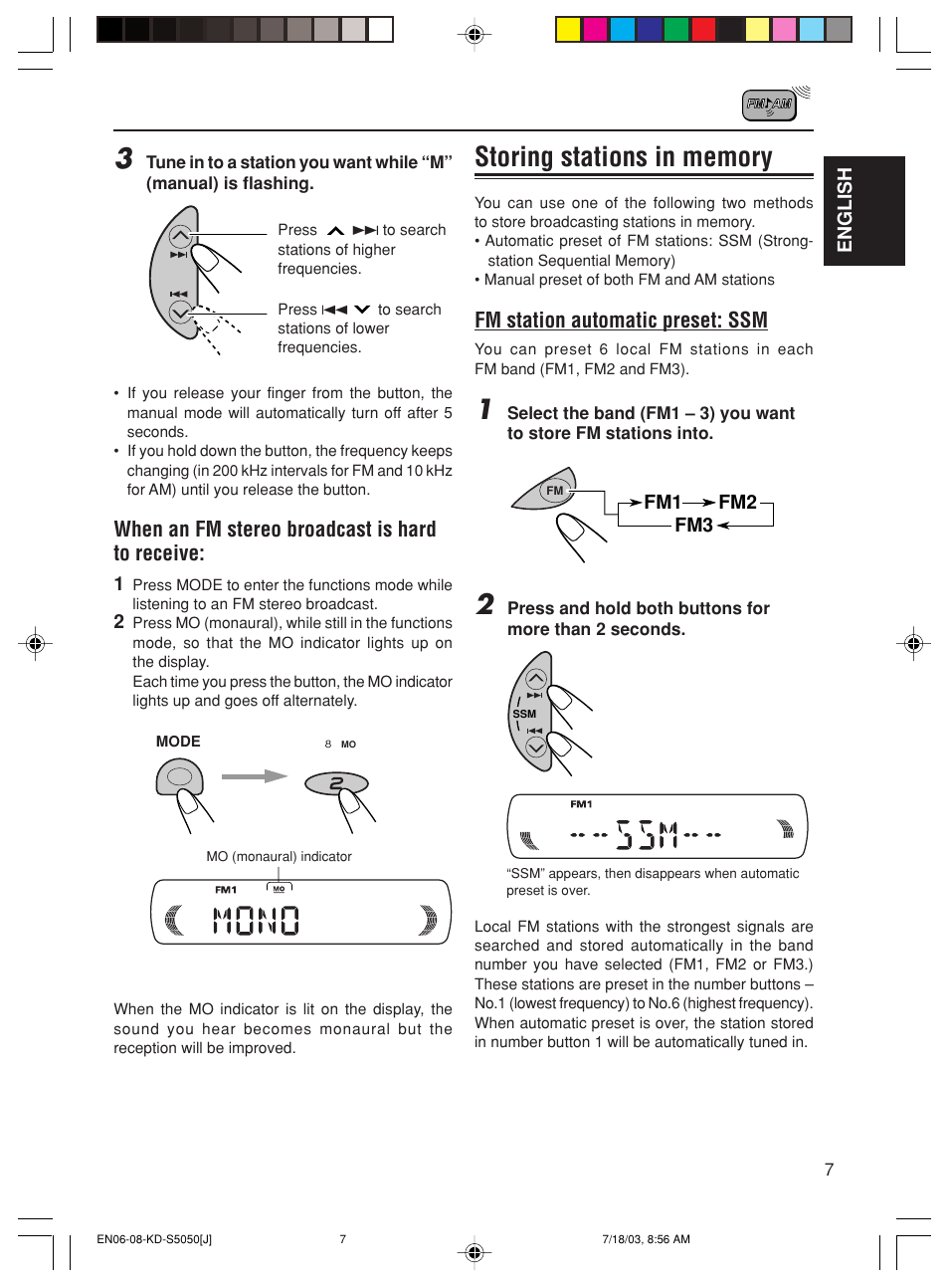 When an fm stereo broadcast is hard to receive, Fm station automatic preset: ssm | JVC Model KD-S10J User Manual | Page 7 / 59