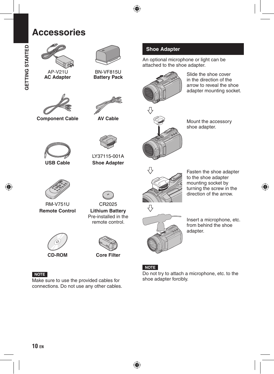 Getting started, Accessories, Shoe adapter | JVC Everio GZ-HM400 User Manual | Page 10 / 44