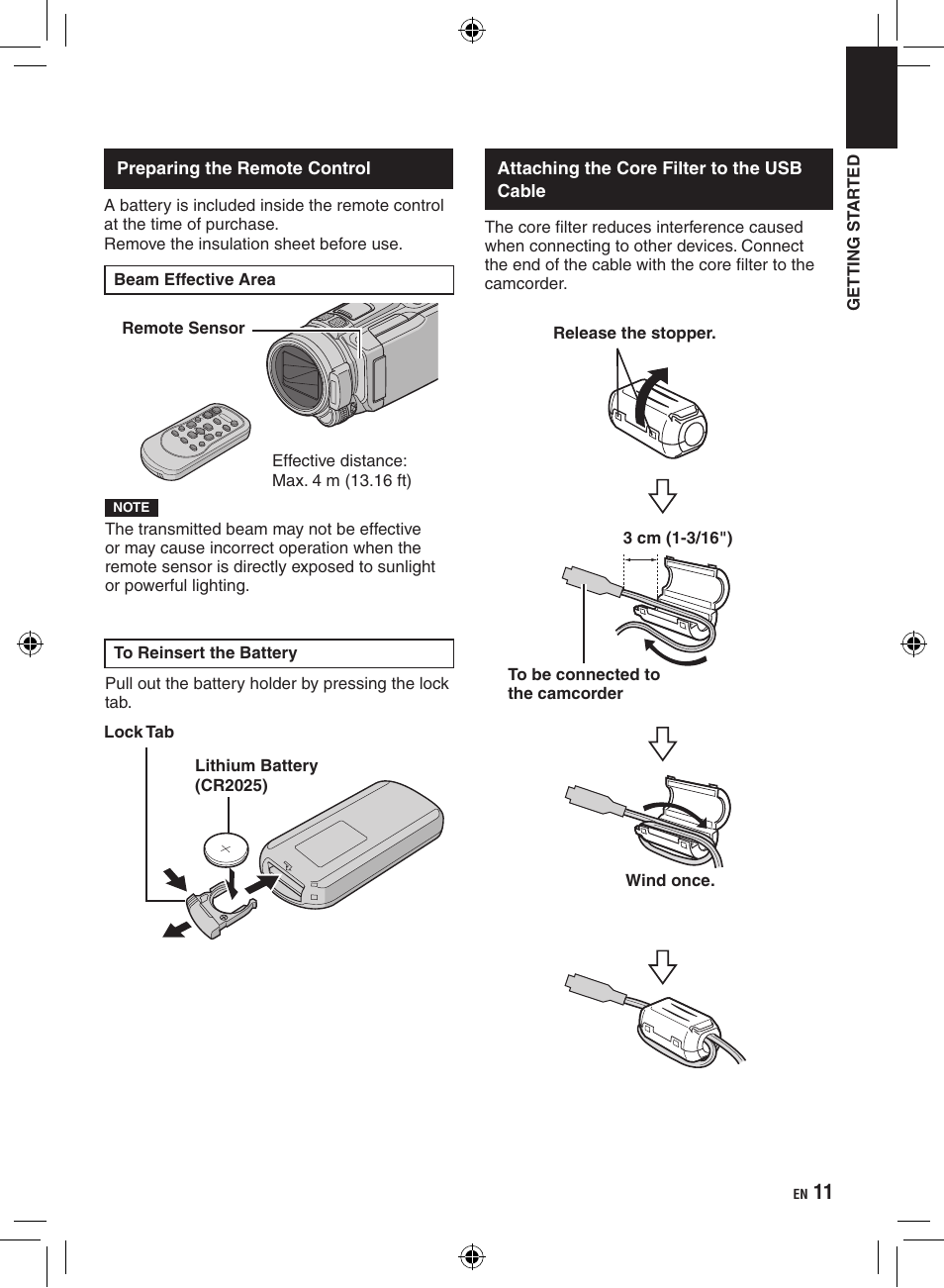 Preparing the remote control, Attaching the core filter to the usb cable | JVC Everio GZ-HM400 User Manual | Page 11 / 44