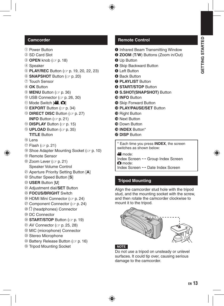 Tripod mounting | JVC Everio GZ-HM400 User Manual | Page 13 / 44