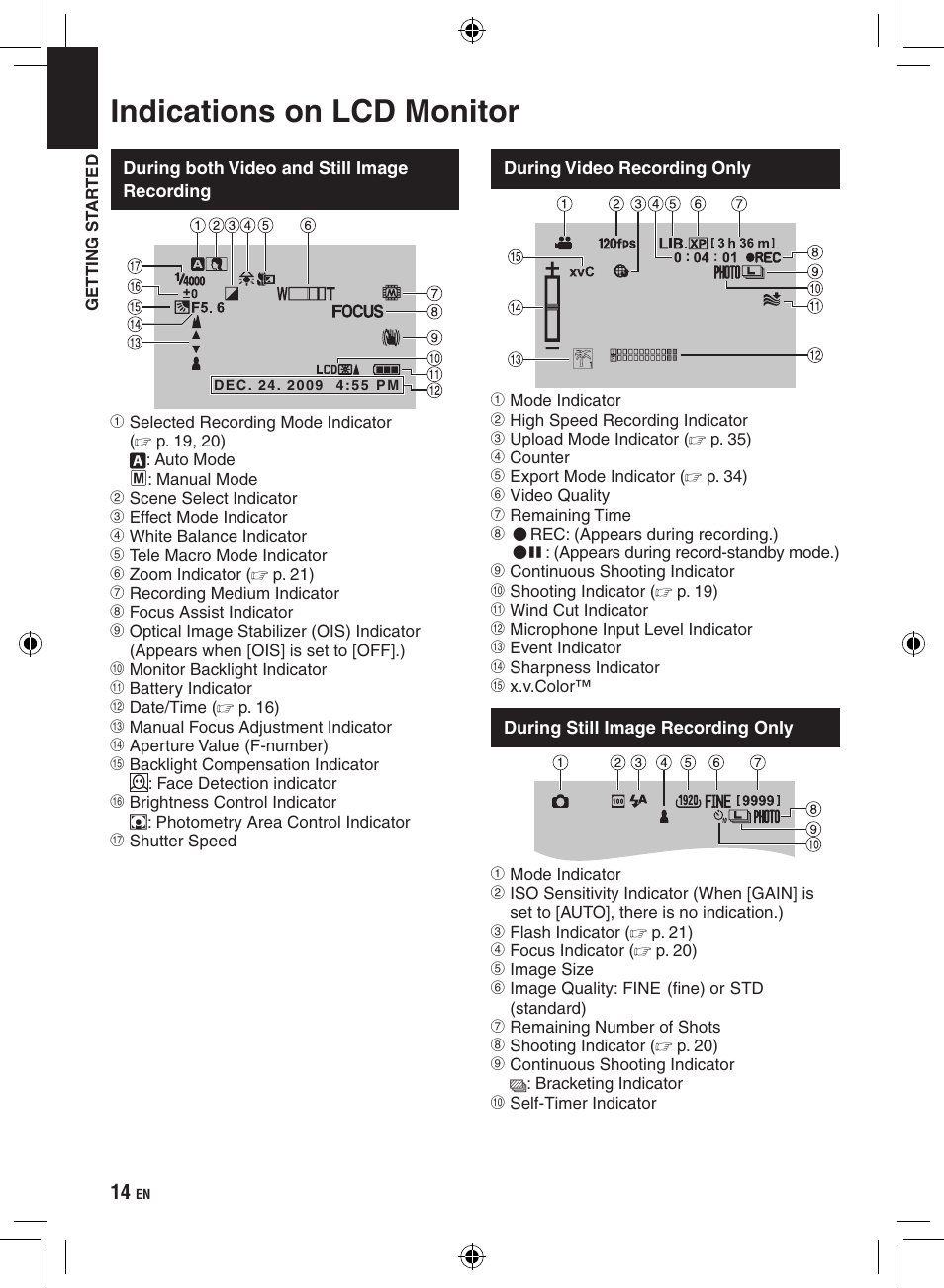 Indications on lcd monitor | JVC Everio GZ-HM400 User Manual | Page 14 / 44