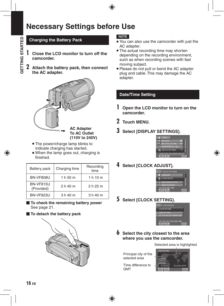 Necessary settings before use, Charging the battery pack, Date/time setting | JVC Everio GZ-HM400 User Manual | Page 16 / 44