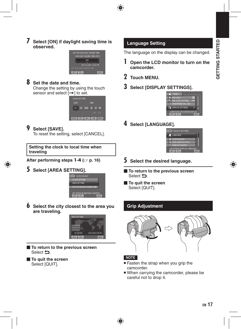 Language setting, Grip adjustment | JVC Everio GZ-HM400 User Manual | Page 17 / 44