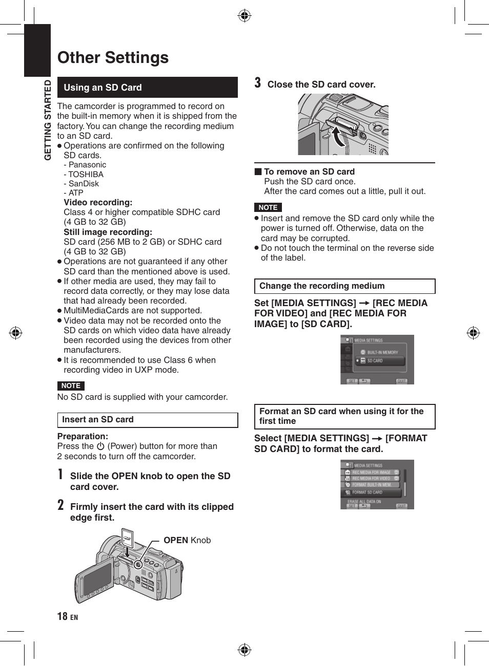 Other settings, Using an sd card | JVC Everio GZ-HM400 User Manual | Page 18 / 44