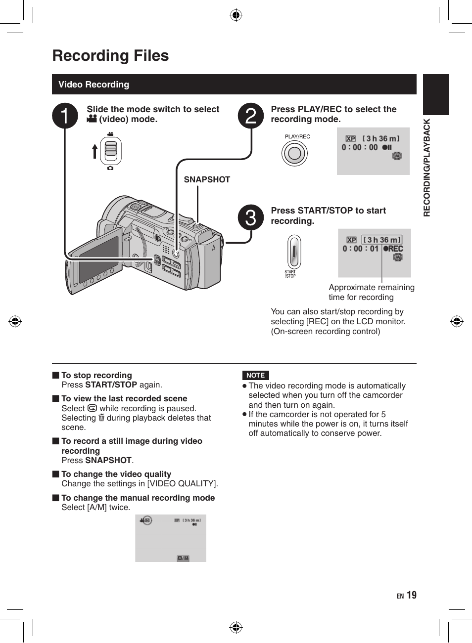 Recording/playback, Recording files, Video recording | JVC Everio GZ-HM400 User Manual | Page 19 / 44