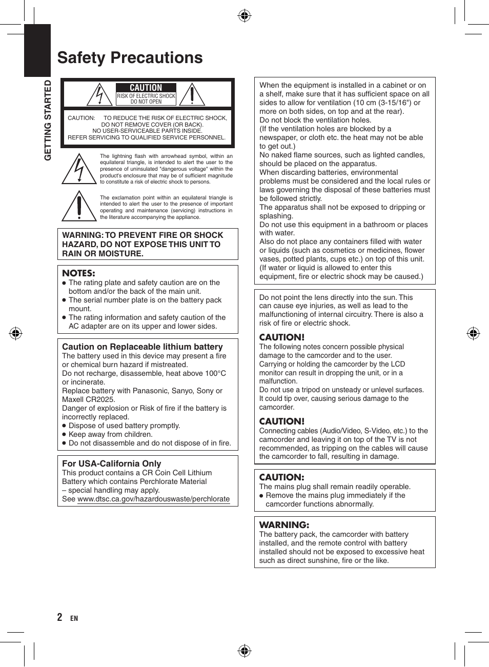 Safety precautions | JVC Everio GZ-HM400 User Manual | Page 2 / 44