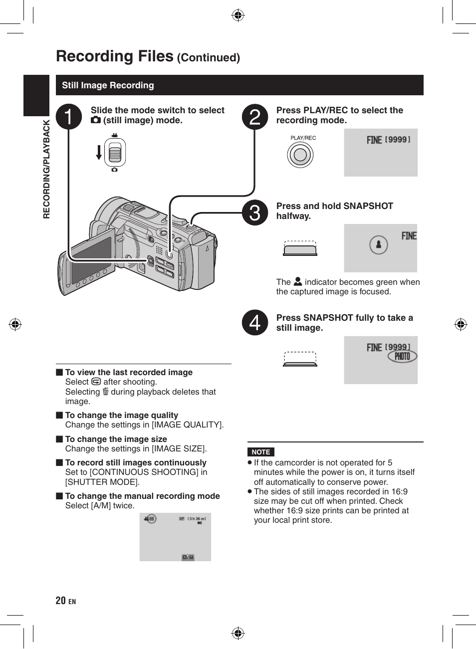 Still image recording, Recording files, Continued) | JVC Everio GZ-HM400 User Manual | Page 20 / 44