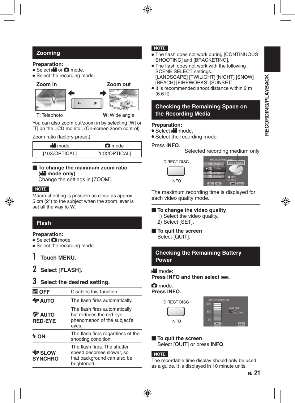 Zooming, Flash, Checking the remaining battery power | Checking the remaining space on the, Recording media | JVC Everio GZ-HM400 User Manual | Page 21 / 44