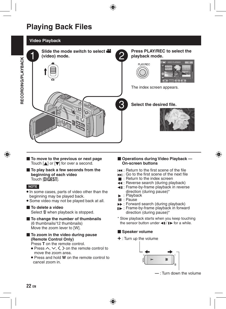 Playing back files, Video playback | JVC Everio GZ-HM400 User Manual | Page 22 / 44