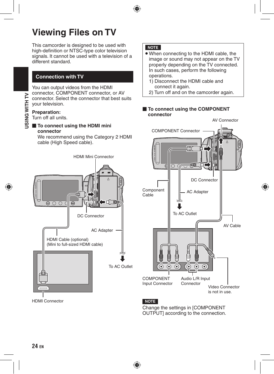 Using with tv, Viewing files on tv, Connection with tv | JVC Everio GZ-HM400 User Manual | Page 24 / 44