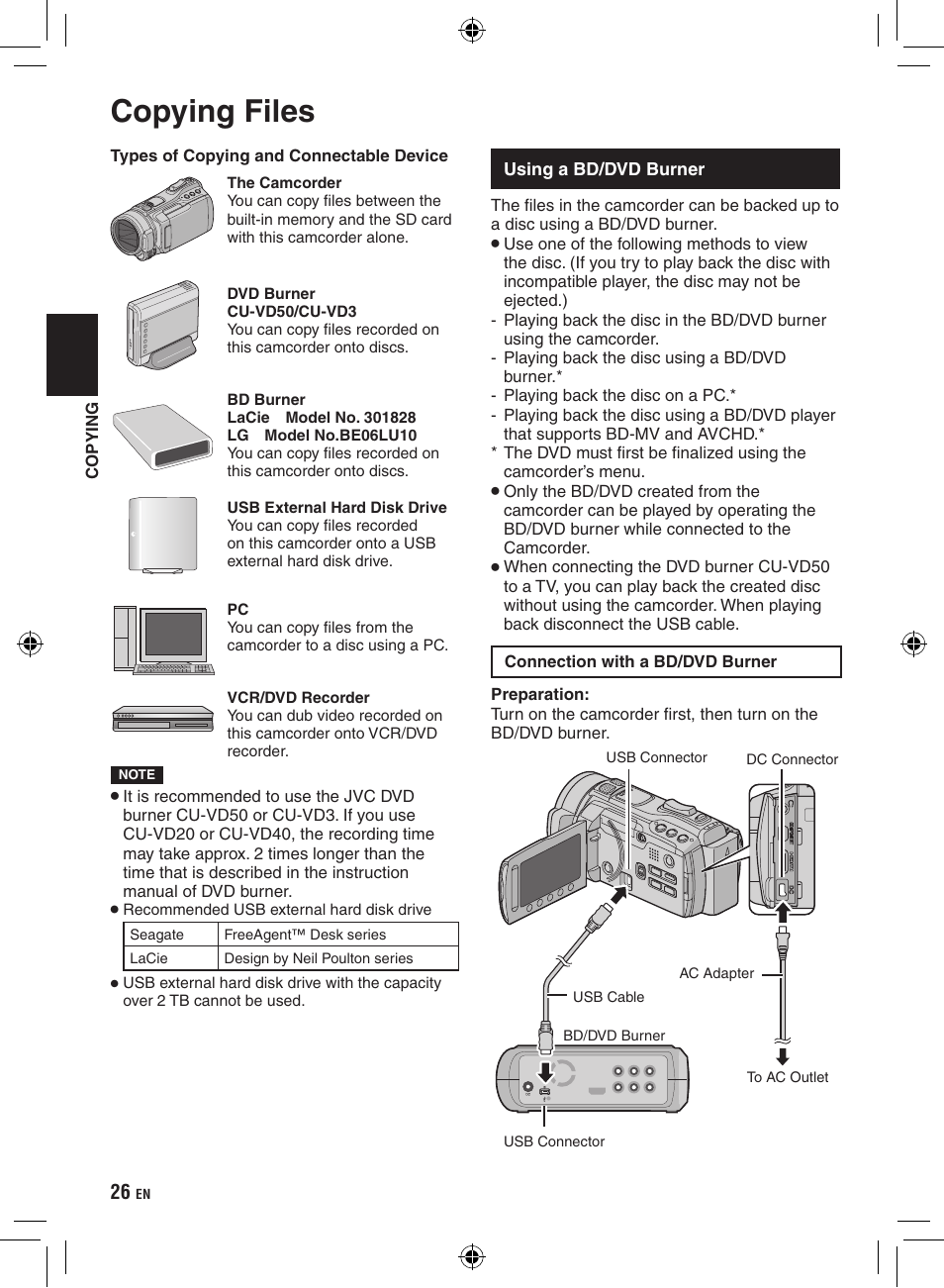 Copying, Copying files, Using a bd/dvd burner | JVC Everio GZ-HM400 User Manual | Page 26 / 44