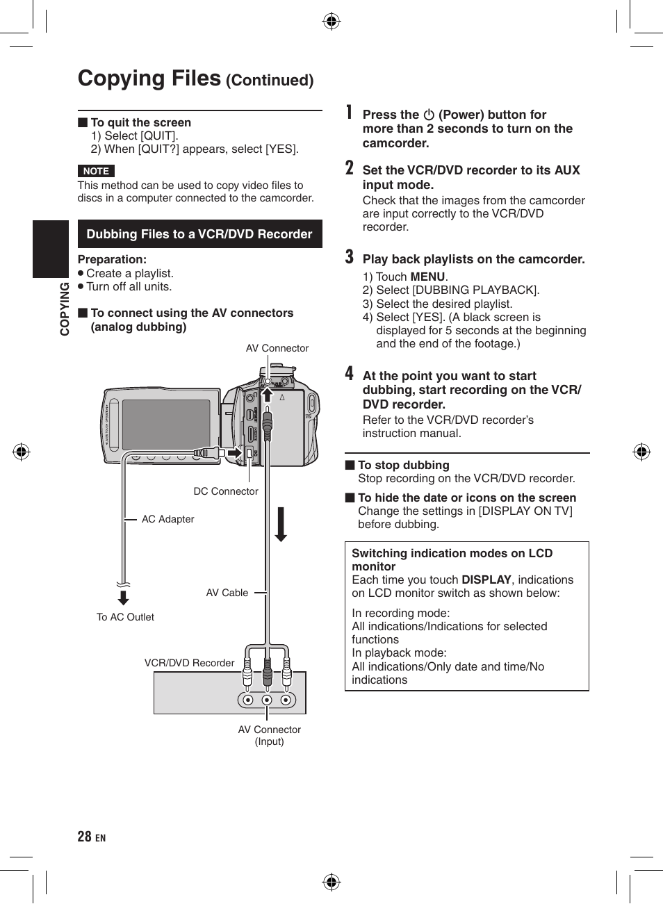 Dubbing files to a vcr/dvd recorder, Copying files, Continued) | JVC Everio GZ-HM400 User Manual | Page 28 / 44