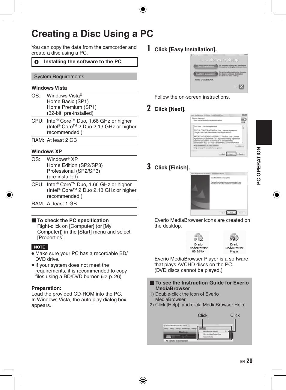 Pc operation, Creating a disc using a pc | JVC Everio GZ-HM400 User Manual | Page 29 / 44