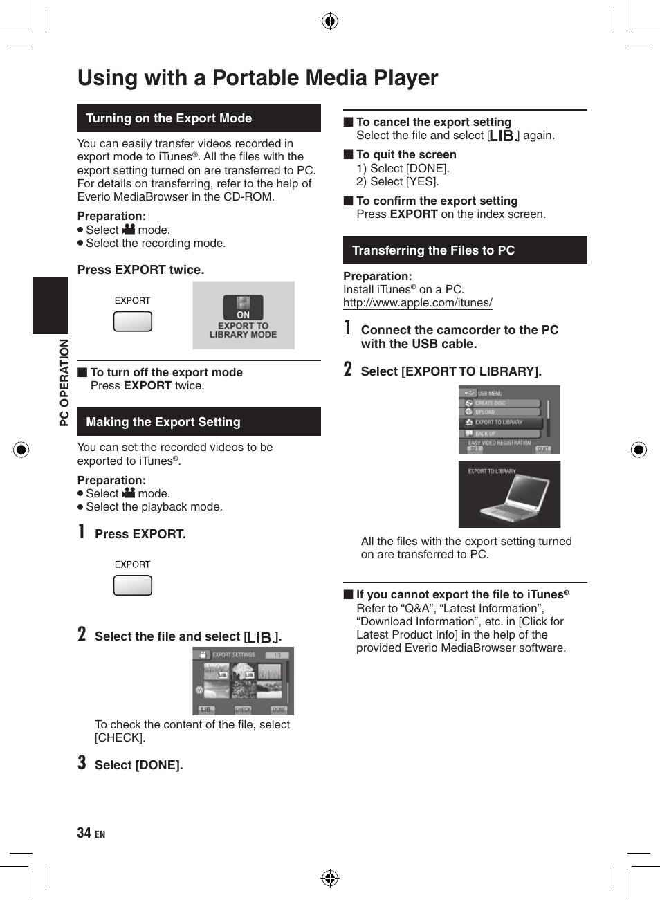 Using with a portable media player, Turning on the export mode, Making the export setting | Transferring the files to pc | JVC Everio GZ-HM400 User Manual | Page 34 / 44