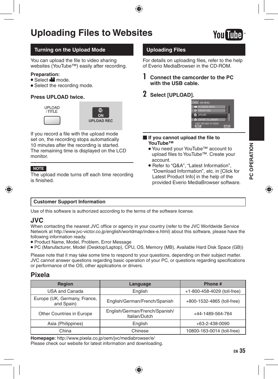 Uploading files to websites, Turning on the upload mode, Uploading files | Pixela | JVC Everio GZ-HM400 User Manual | Page 35 / 44