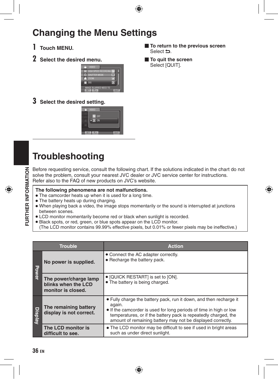 Further information, Changing the menu settings, Troubleshooting | Changing the menu settings troubleshooting | JVC Everio GZ-HM400 User Manual | Page 36 / 44